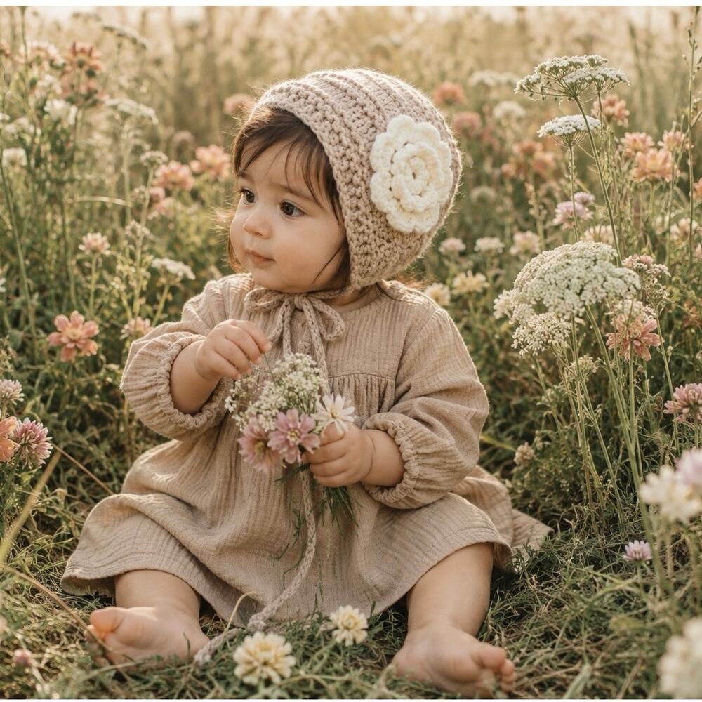 Making Cozy Memories Latte Knitted Floral Accent Bonnet